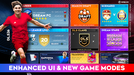 Dream League Soccer 2026 Mod APK latest version gameplay showcasing new graphics and stadiums